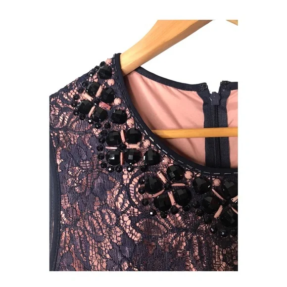 Adrianne Papell | Blue lace sleeveless midi dress pink lining beaded detail • - Picture 3 of 8